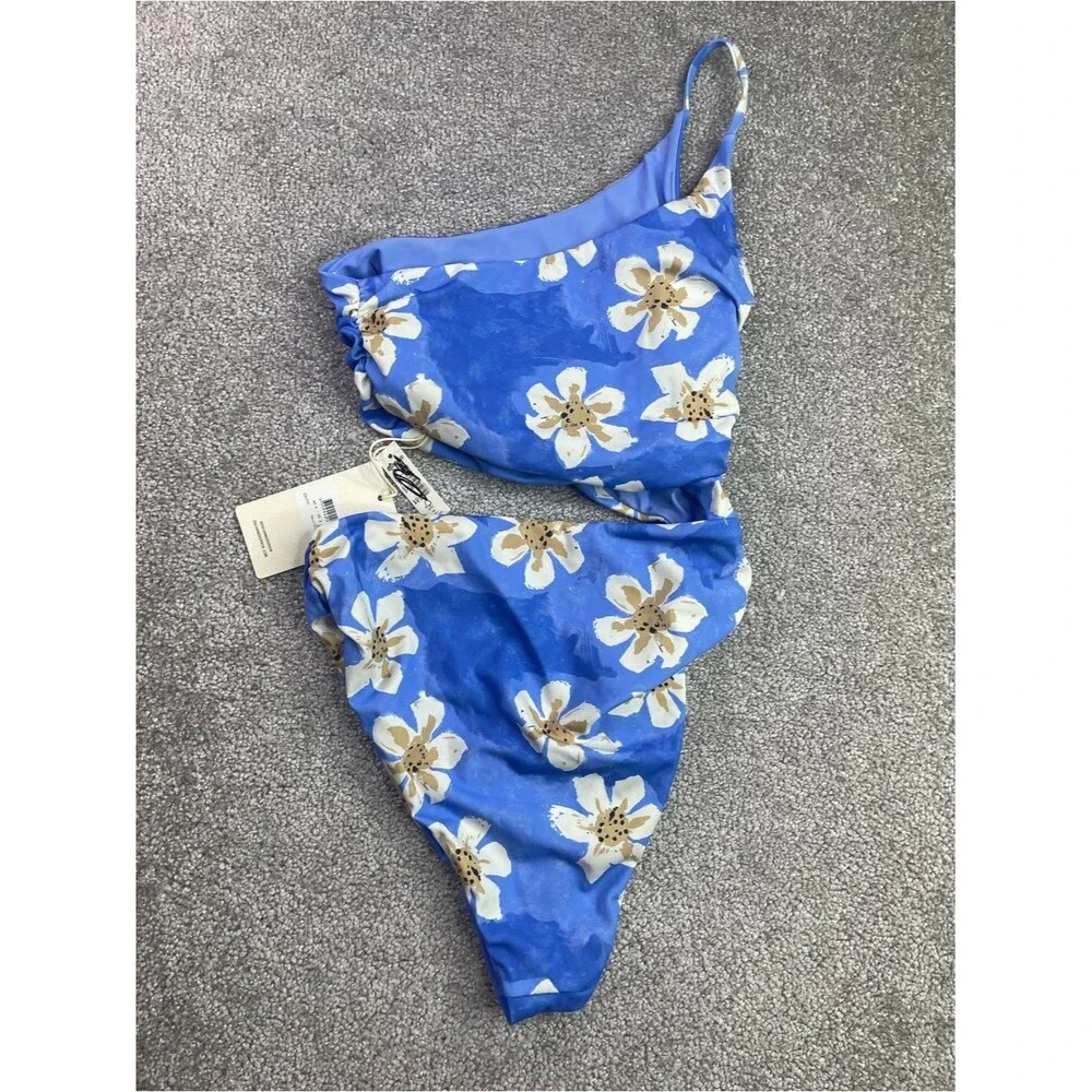 Zulu & Zephyr Hawaii Ruched One Piece Swimsuit Size 2 Blue Cut Out Floral